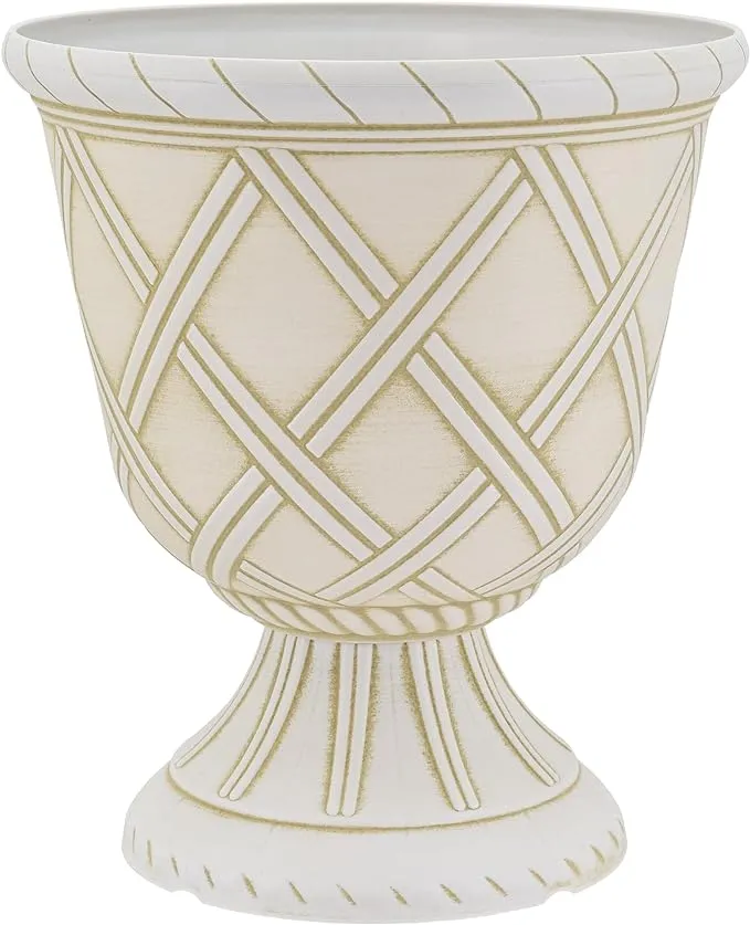 Arcadia Garden Products PL61WT Lattice Plastic Garden Urn, Classic Decorative Garden Pot Planter for Indoor and Outdoor Plants, White