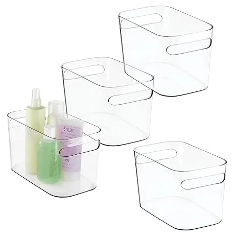 mDesign Deep Plastic Bathroom Bin with Handles, Storage Organizer for Vanity Countertop, Hold Soap, Body Wash, Shampoo, Lotion, Conditioner, Hand Towels - 10" Long, Aura Collection, 4 Pack, Light Pink