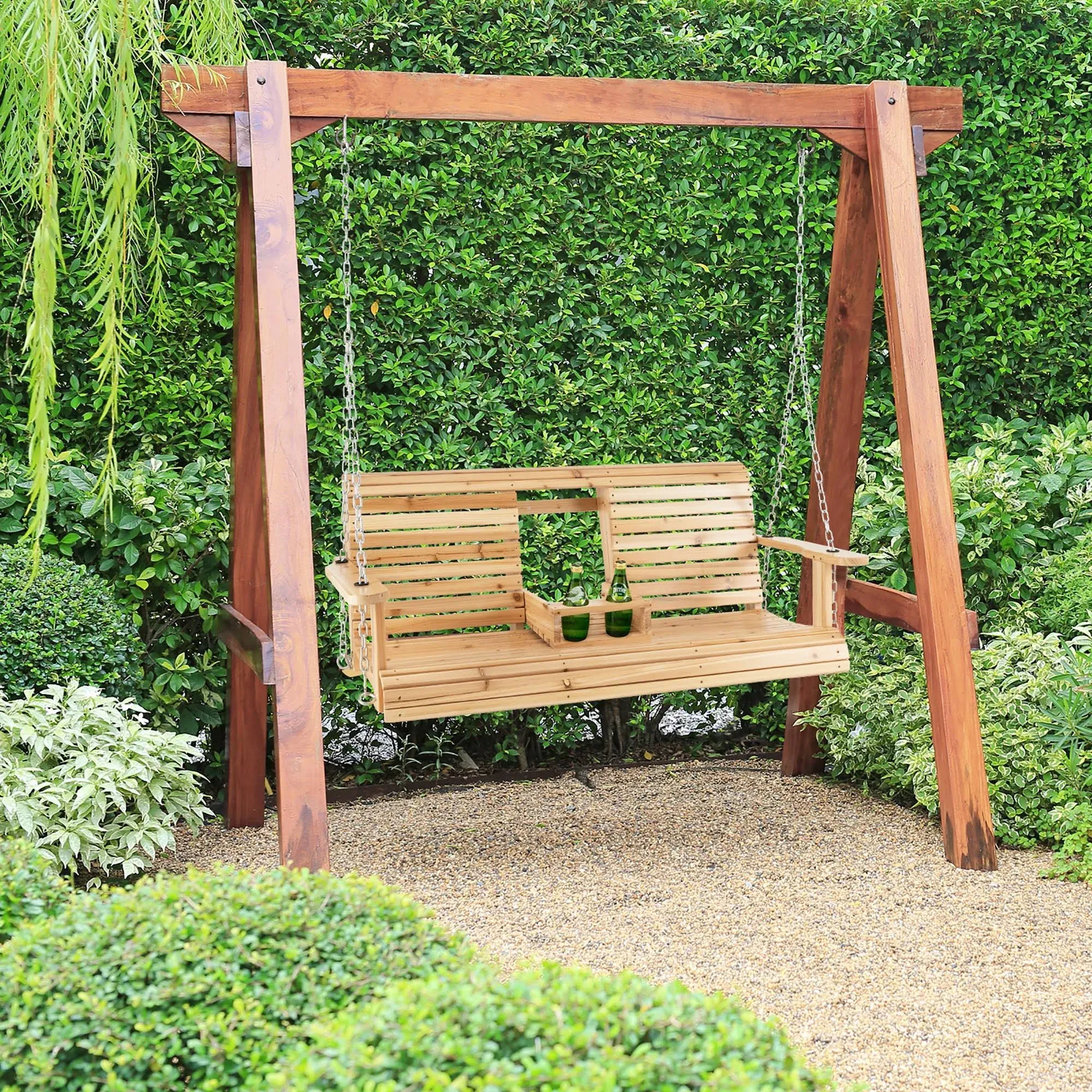 Costway 2-Seat Wood Swing Bench with Folding Cup Holder and Sturdy Metal Hanging ...