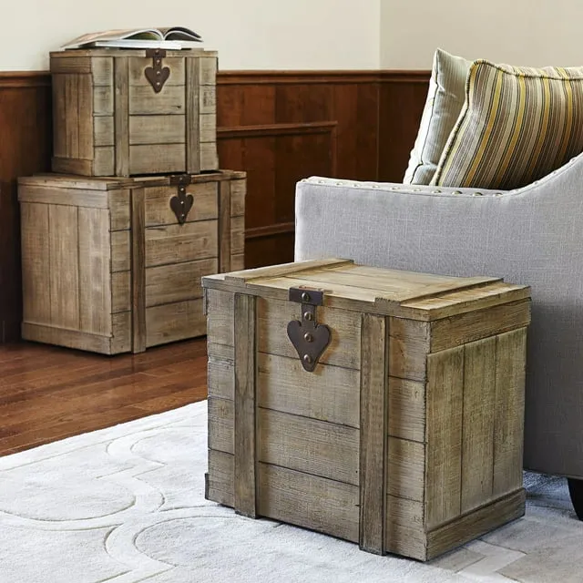 Household Essentials Decorative Trunk, Victorian Style, Aged-Wood Finish and Metal Accents, with Fully Opening Lid and Ring Handles