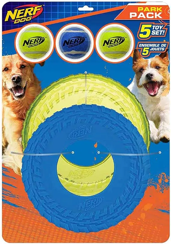 Nerf Dog Park 5 Pack Toy Set 2 10&#034; Frisbees Medium Dog Flyer Toy, 3 Tennis Balls