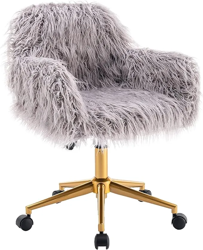 HomVent Faux Fur Vanity Chairs with Wheels Grey Furry Makup Desk Chair for Kids,Women,Grils,Cute Home Office Computer Chair,Swivel Task Arm Chairs for Bedrooms,Living Room,Study,Dressing