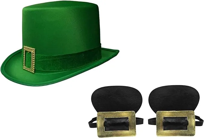 St. Patricks Day Green Top Hat Gold Buckles Shoe Covers Leprechaun Accessory Set