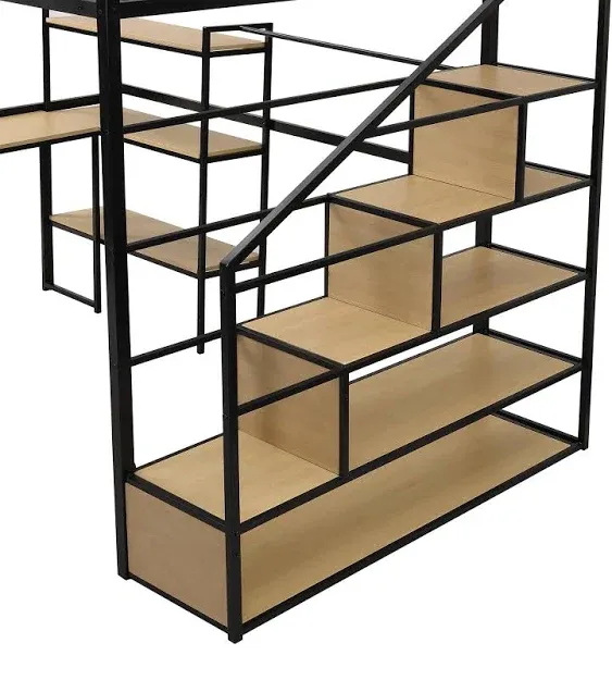 Bellemave Full Loft Bed with Desk Metal Loft Bed with Bookcase, Storage Staircase and 4-Tier Shelves, Full Size Loft Bed for Kids, Teens, Adults, Black