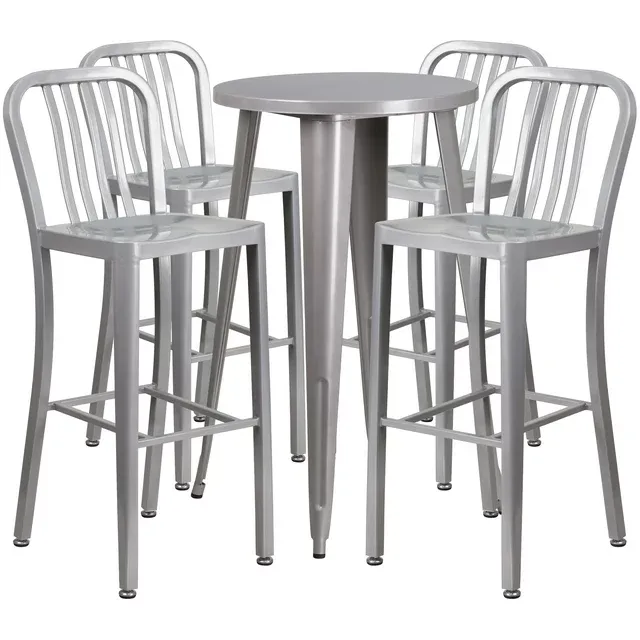 Flash Furniture Commercial Grade 24" Round Silver Metal Indoor-Outdoor Bar Table Set with 4 Vertical Slat Back Stools