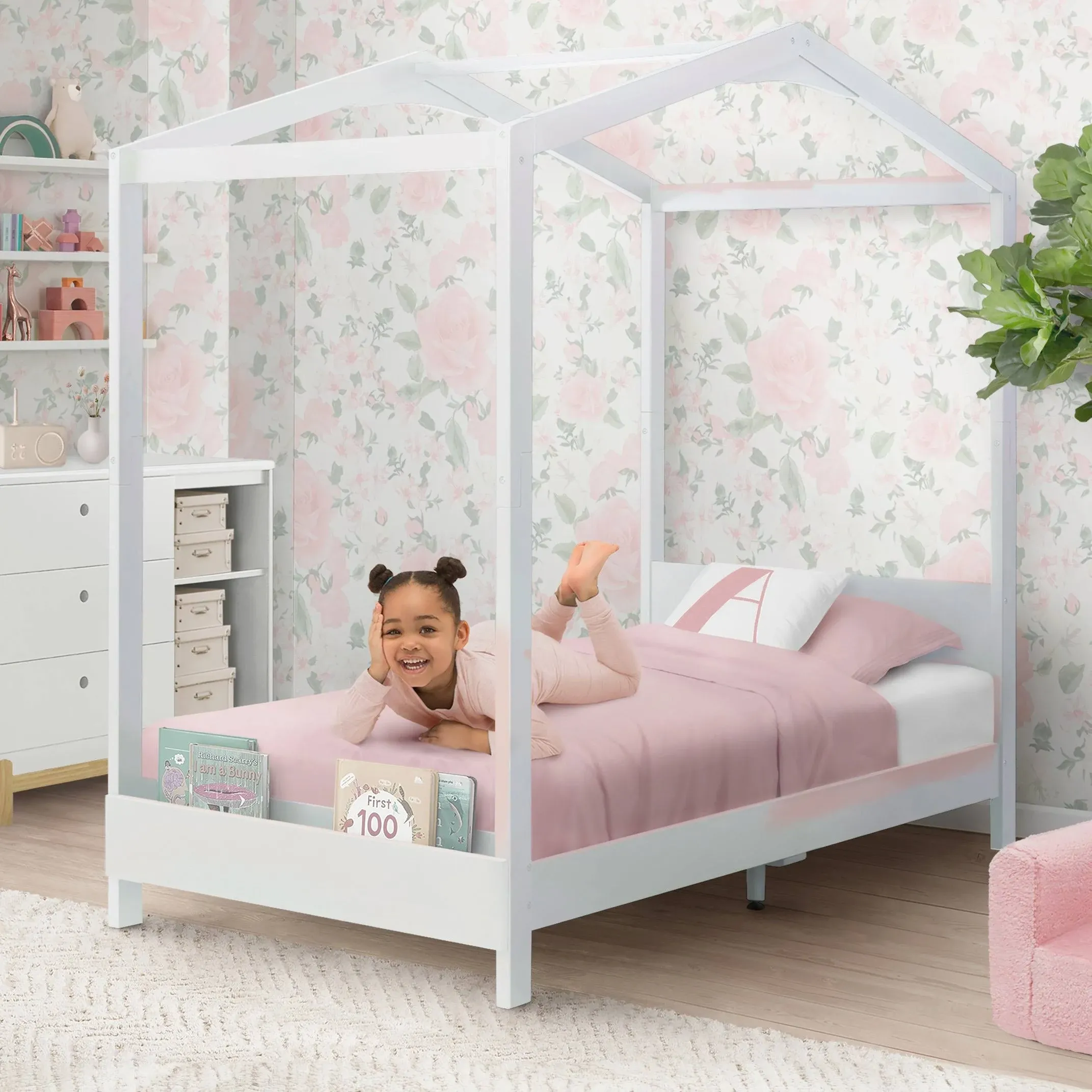 Delta Children Poppy House Wood Twin Bed, Platform Bed - No Box Spring Needed, Bianca White