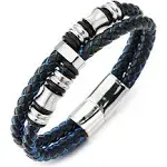 Mens Double-Row Black Blue Braided Leather Bracelet Bangle Wristband with Silver Steel Ornaments