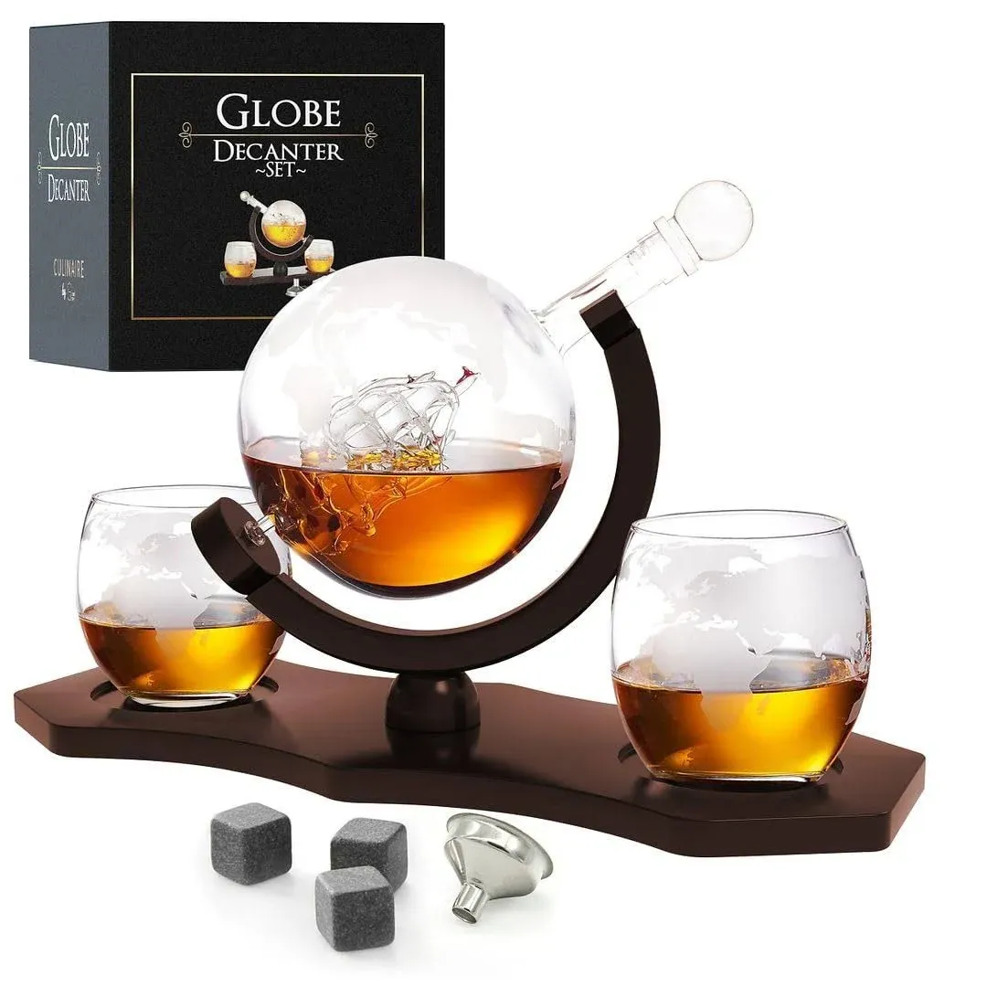 Whiskey Decanter Set For Men Etched Globe Decanter Set With 2 Etched Globe Glass