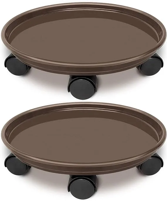 2 Pack of 14 inch Rolling Plant Pallet Caddy with 5 Wheels, Round Flower Brown