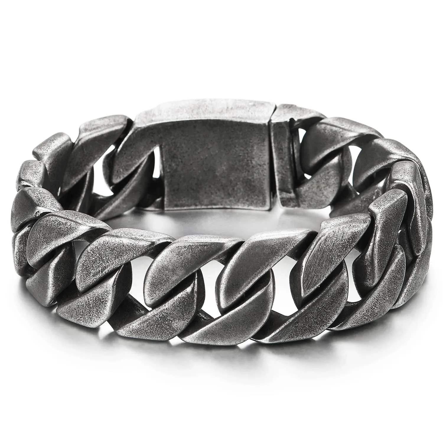 COOLSTEELANDBEYOND Men's Stainless Steel Cuban Chain Link Bracelet - Edgy Contemporary Style - Old Metal Color - 20mm Wide - 22cm Long - 77.7g