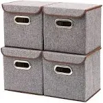 EZOWare 4pc Large Storage Basket Bins with Lid, Linen lidded Fabric Folding Cubes Containers - Gray, 9.8 x 9.8 x 9.8 inches