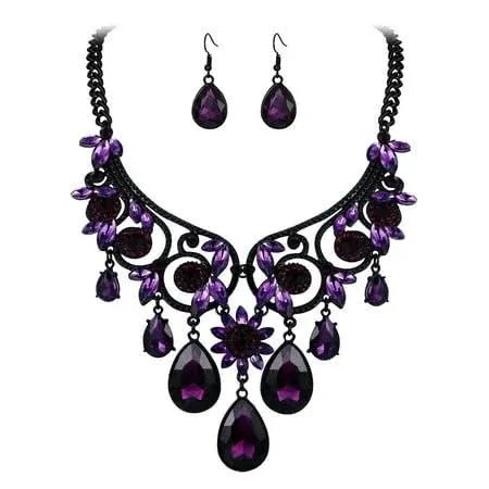 Women&#039;S Tribal Ethnic Crystal Chunky Statement Necklace Dangle Earrings Set