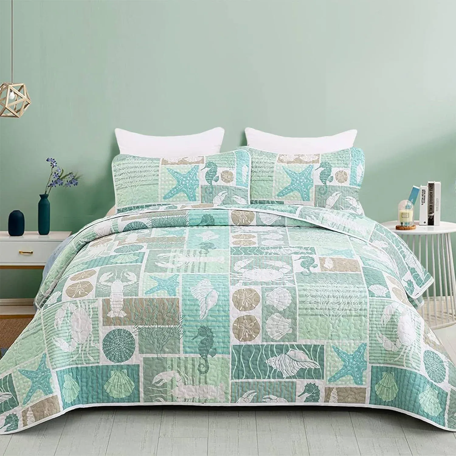 Green Quilt Set Queen Coastal Beach Theme Quilt Coverlet Set Soft Microfiber Rev