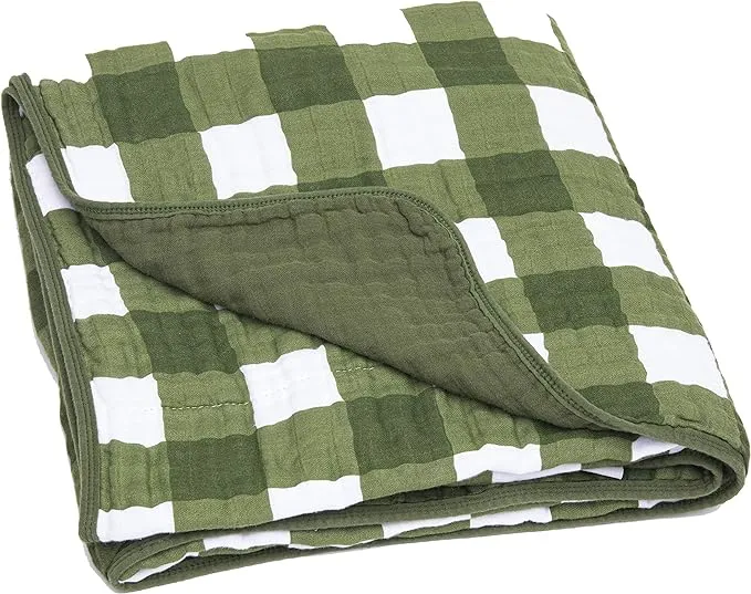 Parker Baby Muslin Blanket - 100% Soft Cotton Baby Quilt and Kids Reversible Blanket - Crib, Stroller, Tummy-Time Blanket - Unisex, Gender Neutral - Green Buffalo