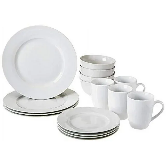 Amazon Basics 16-Piece Porcelain Kitchen Dinnerware Set with Plates, Bowls and Mugs