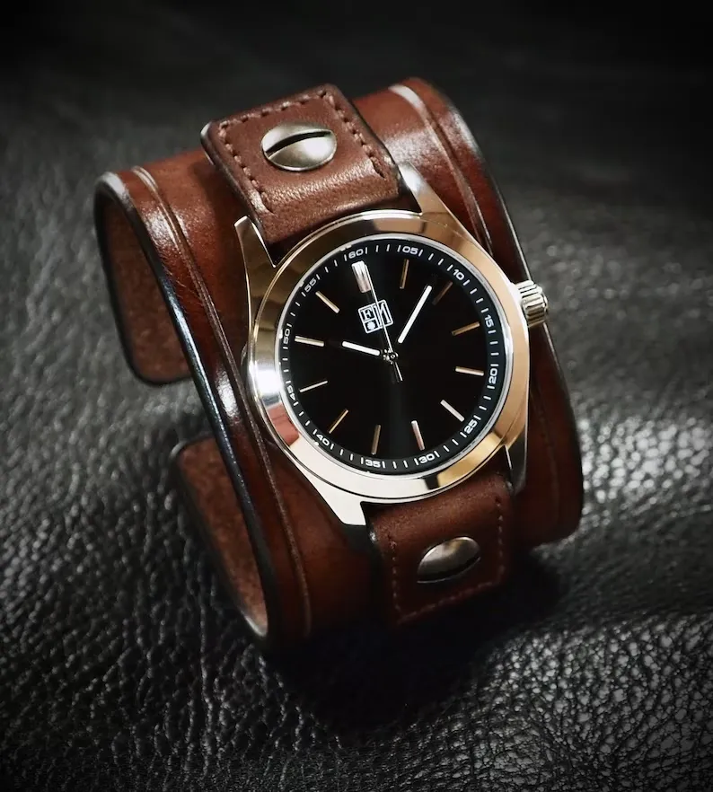 Brown Leather cuff Watch : Vintage Brown bridle leather wristband/watchband. Mens gift ; Made in New York!