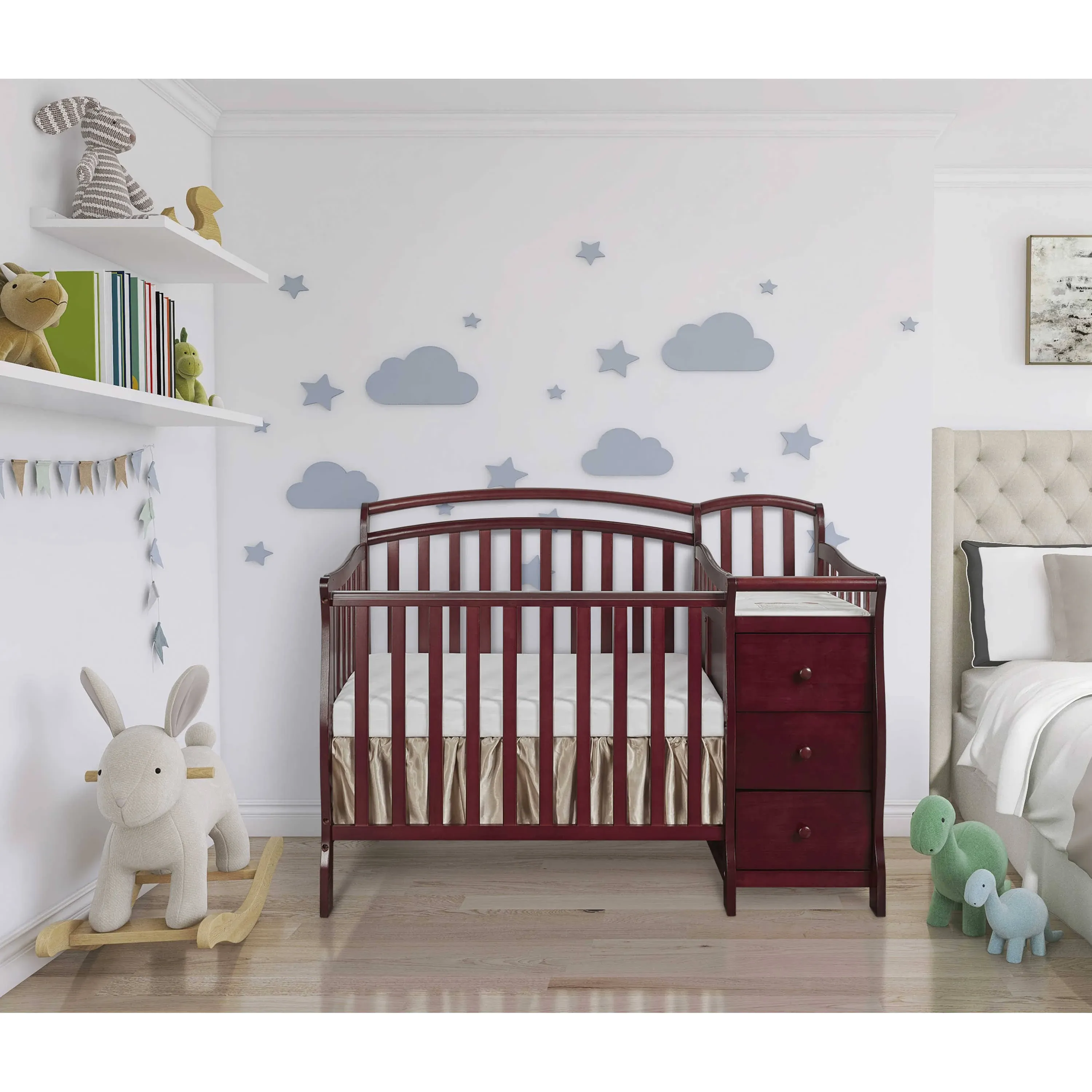 Casco 3-In-1 Mini Crib And Changing Table In Cherry, Convertible Crib, Made Of Pinewood, Three Position Adjustable Mattress Height Settings