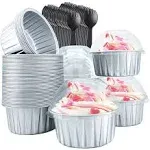 Cupcake Liners with Dome Lids 50 Pack,Free-Air 5oz Aluminum Foil Baking Cups Muffin Tin,Souffle Dessert Pudding Ramekin Holders for Individual Bakery Wedding Birthday Party,with 50 Spoons-Silver