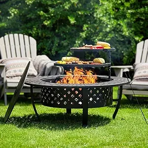 Fissfire 42-Inch Metal Fire Pit for Outside with 2 Grills, with Lid for Bonfire BBQ Cooking, Garden, Size: 42 Diameter*28 Height, Black