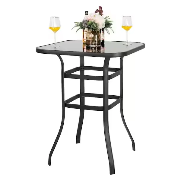 Nuu Garden Outdoor 32 Inch Square Bar Table with Silk Screen Glass Tabletop