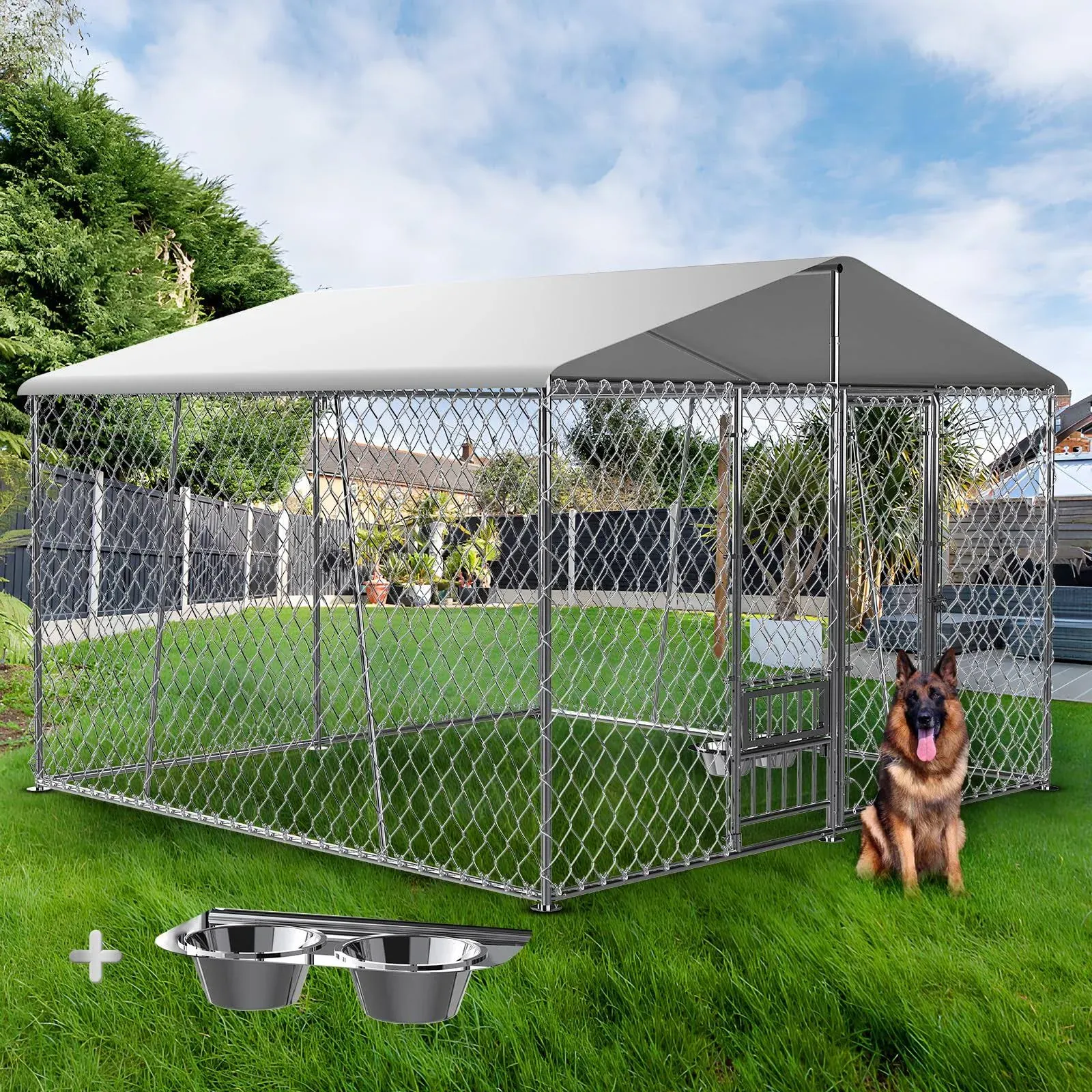 Lyromix Upgraded 10x10x7FT Outdoor Dog Kennel with Roof and Bowls, Large Dog House Pen Enclosure with Sidebar, Heavy Duty Chain Link Dog Cage Run