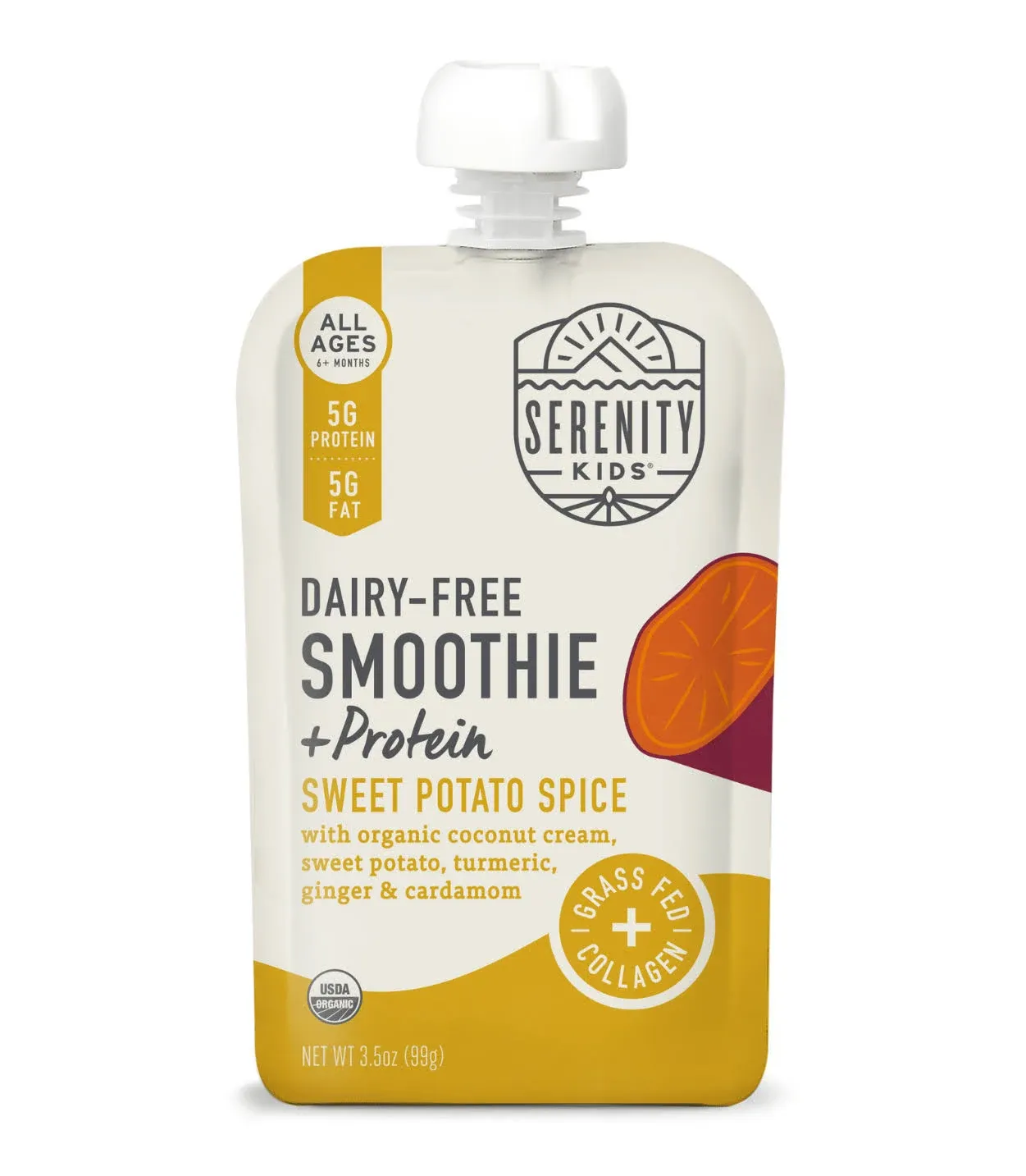 Serenity Kids 6+ Months Dairy-Free Smoothie Baby Food | USDA Organic | Grass Fed Collagen Protein | 3.5 Ounce BPA-Free Pouch | Sweet Potato Spice | 6