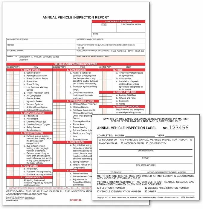 J. J. Keller 10-Pack, Annual Vehicle Inspection Report Form & Adhesive Vinyl Label 2-Ply, 3-Ply Carbonless Form, Bundle Shrinkwrapped, DOT Compliant