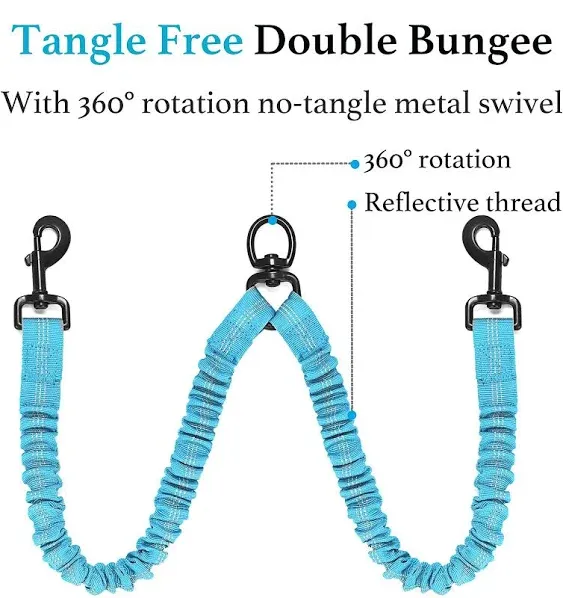 iYoShop Dual Dog Leash, Double 360 Swivel No Tangle Walking Leash, Shock Absorbing Bungee for Two Dogs, Blue, Large (25-150 lbs)