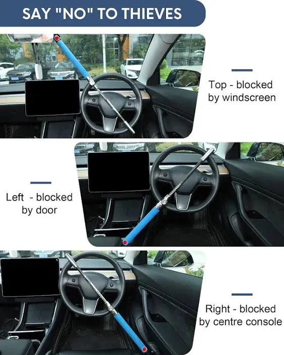 4-in-1 Steering Wheel Lock with Flashlight/SOS LED Ligth,Seat Belt Cutter, Blue