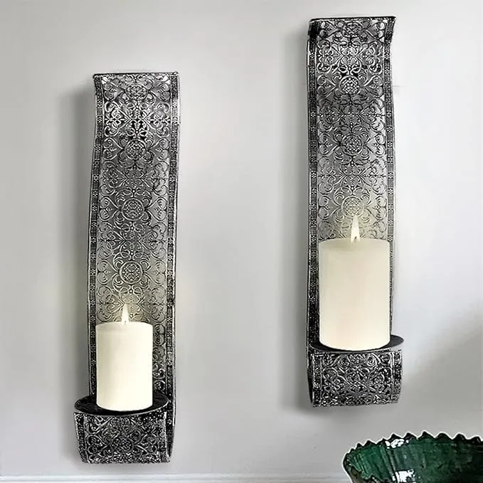 Contemporary Metal Antique Silver Candle Sconce Curved (15 in. H x 3.5 in. W) (Set of 2)