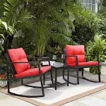 3 Pieces Rocking Wicker Bistro Set, Patio Outdoor Furniture Conversation Sets with Porch Chairs and Glass Coffee Table