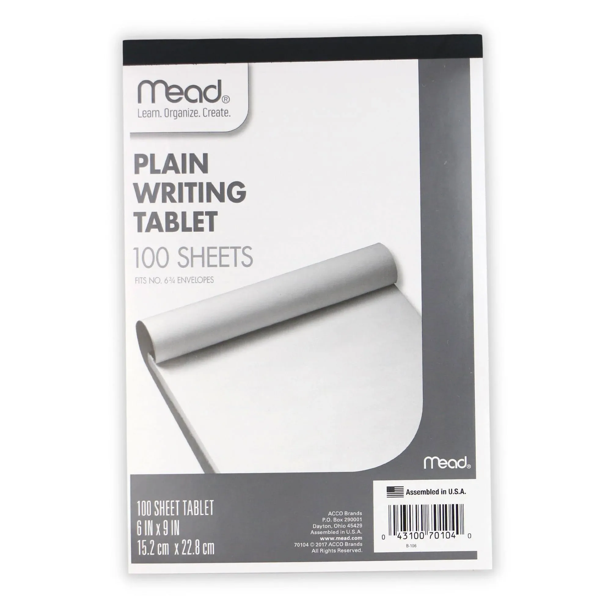 Mead Writing Tablet, 6in x 9in, 100 Sheets, Plain