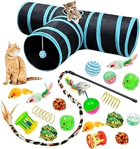 Malier Cat Toys Kitten Toys Set, Collapsible Cat Tunnels for Indoor Cats, Interactive Kitty Toys Cat Feather Toy Fluffy Mouse Crinkle Balls Cat 3 Way Tube Tunnel Toys for Cat Puppy Kitty Kitten