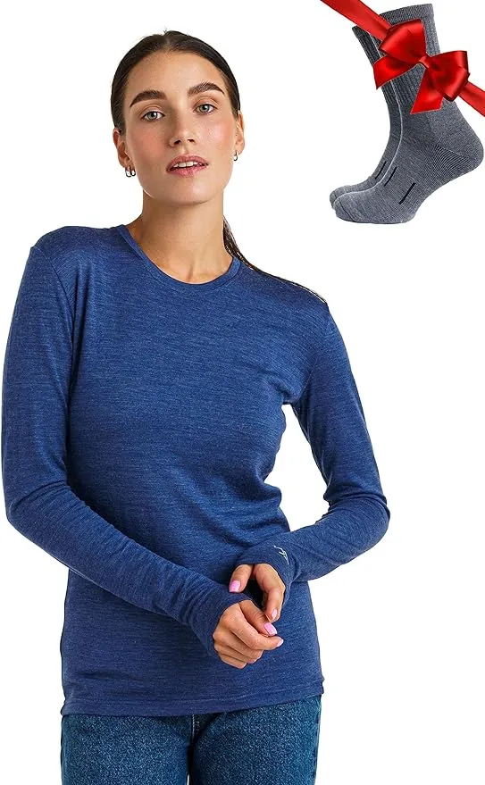 Merino.tech Merino Wool Base Layer Women 100% Merino Wool Midweight, Lightweight Long Sleeve Thermal Shirt + Wool Socks