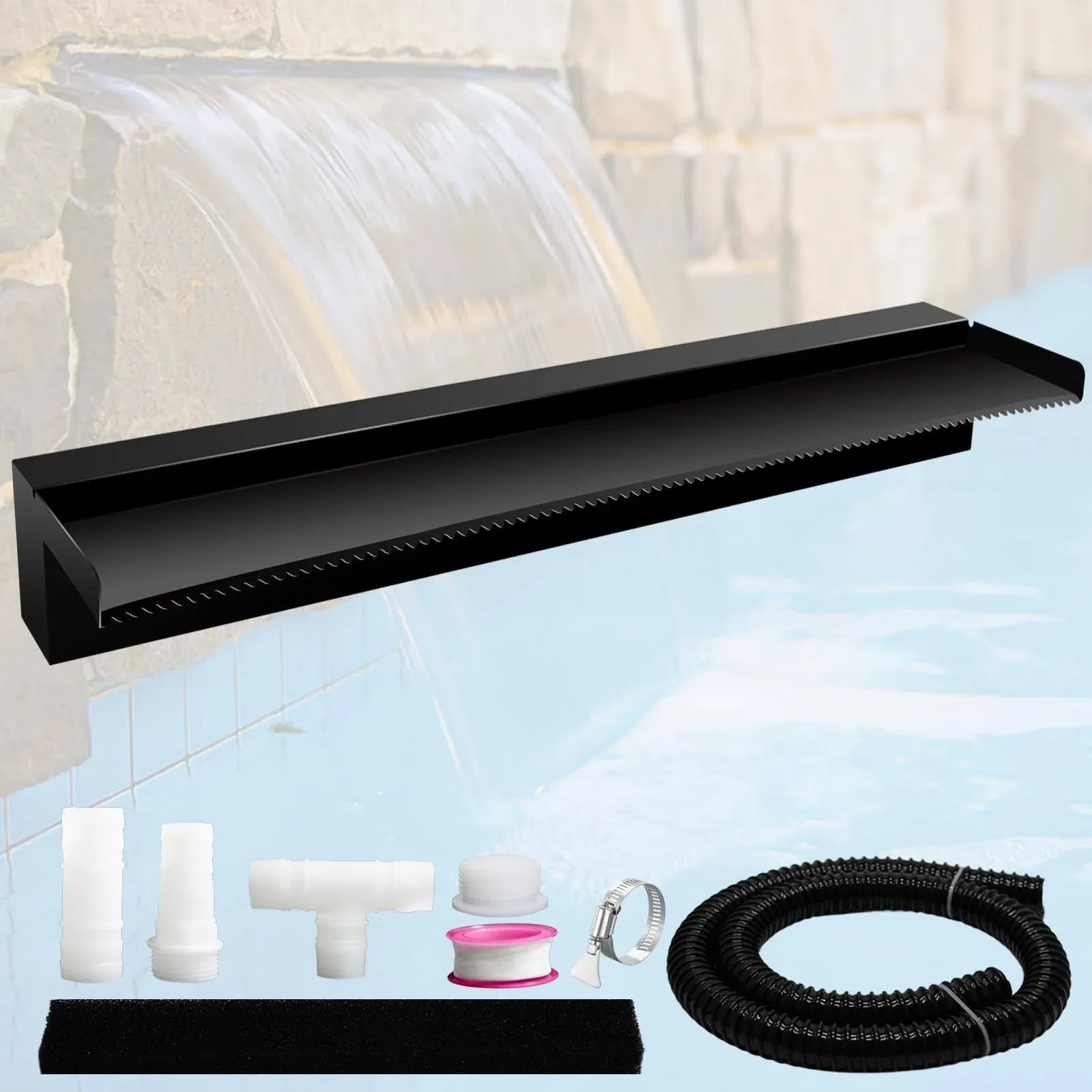 Pond Waterfall Spillway Pool Fountain Water Feature, Black Stainless Steel Outdoor Fountains, Swimming Pool Water Flow Waterfalls Kit for Garden Patio Ponds-11.8"x7.8"x3.9"(NO Light)