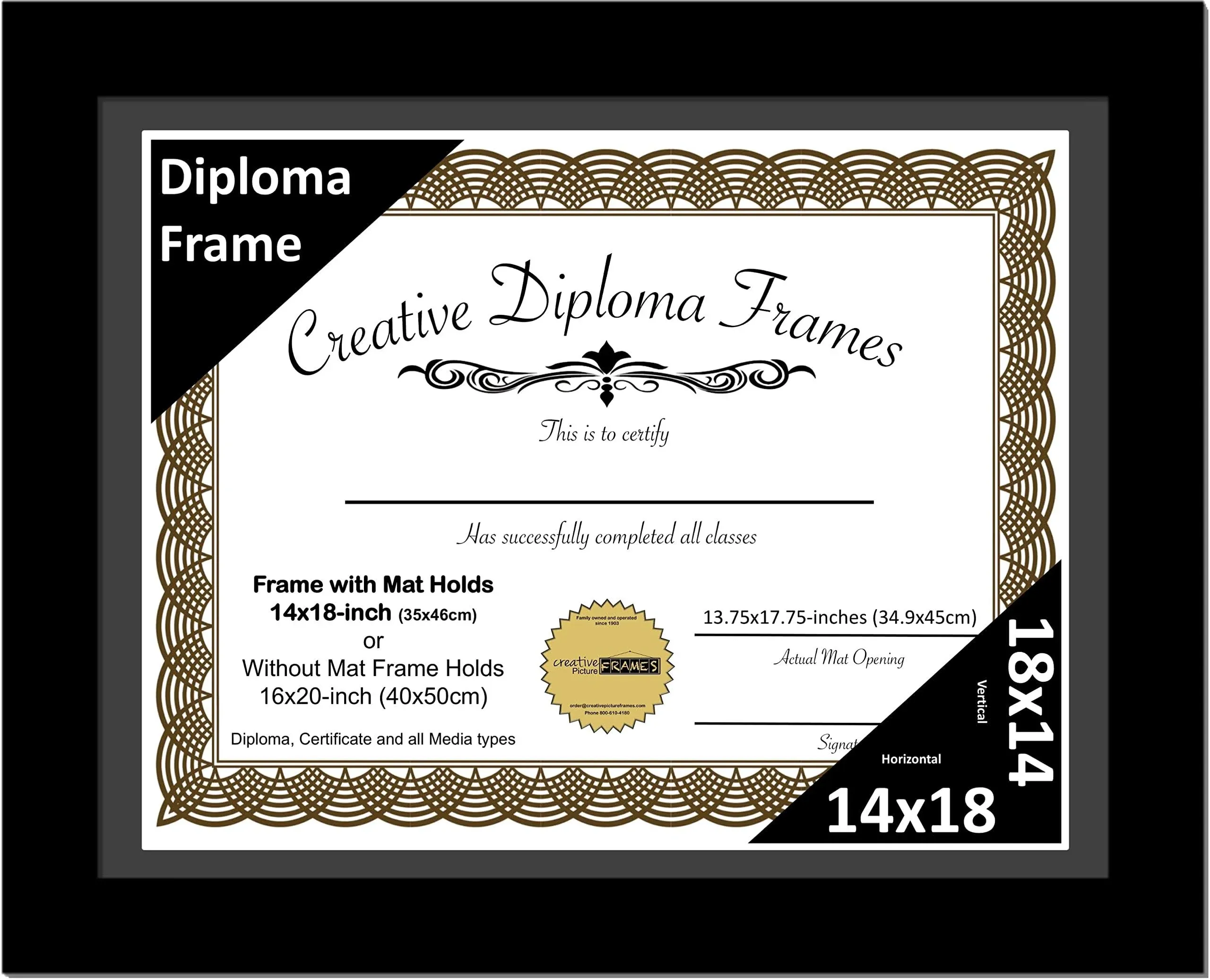 Creative Picture Frames 14x18 Classic Black Diploma Frame with Black Mat Glass ...