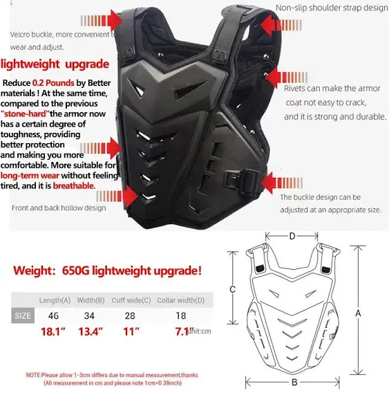 Light Upgrade Chest Armor Motorcycle Armor Body Guard Vest, Dirtbike Riding Off-Road Racing Cycling Skiing Motocross Adult Kids Protector Shirt Jackets for Street Bike, Mens Back Protection