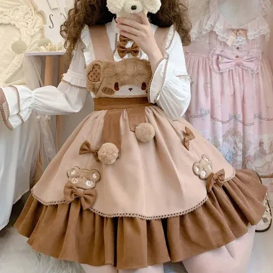 Teen Girls Japanese Kawaii Lolita Costume Plush Cute Bear Suspender Dress Sweet High Waist Princess Party Dresses