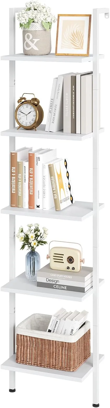 ELYKEN Ladder Shelf, White 5-Tier Wood Wall Mounted Bookshelf with Metal Frame, Modern Open Display Organizer Rack, Leaning Storage Shelves for Living Room, Bedroom, Home Office