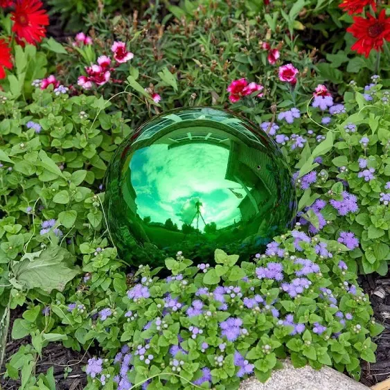 Lily's Home Stainless Steel Gazing Globe Mirror Ball, Colorful and Shiny Addition to Any Garden or Home. Sparkling Green (10 Inch)