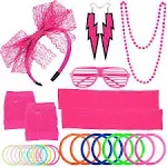 ZTWEDEN 80s Women's Costume Outfit Accessories Set Headband Earrings Fishnet Gloves Necklace Bracelet Leg Warmers Pink