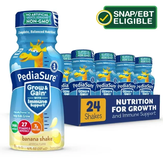 PediaSure Grow & Gain with Immune Support, Kids Protein Shake, 7g Protein, Banana 8-fl-oz Bottle, 4-6 Count