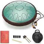 Green 15 Notes 14 Inches Steel Tongue Drum | Wide Range Steel Drum with Carrying Bag & Mallets | Tank Drum for Healing | Random Color | Ideal for Stress Relief and Meditation, Gift Idea