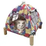 2-in-1 Cat Bed Tent Wooden Frame Cat Tent Cat Hammock, Removable Wooden Cat Raise Indoor Outdoor Bed, Portable Indoor/Outdoor Pet Dog Tent House Cat Puppy Small Animal (Colorful Kitten Tent)