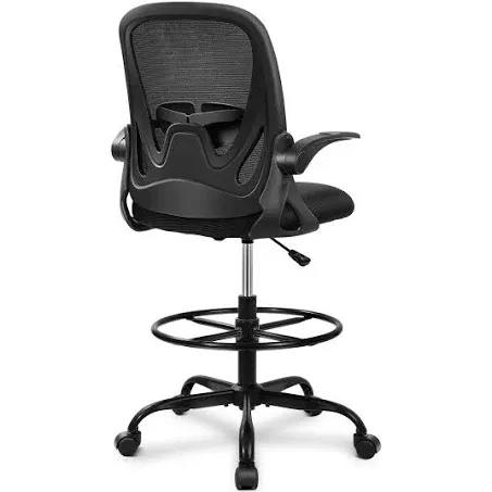 Primy Drafting Chair Tall Office Chair with Flip-up Armrests Executive Ergonomic Computer Standing Desk Chair with Lumbar Support and Adjustable Footrest Ring (Black)