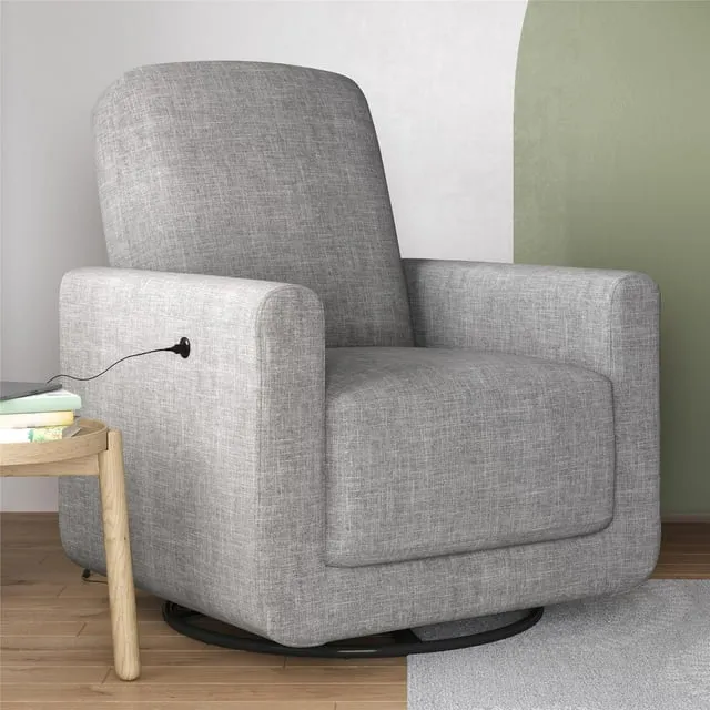 Baby Relax Step Swivel Accent Chair with USB Charger in Light Gray Linen