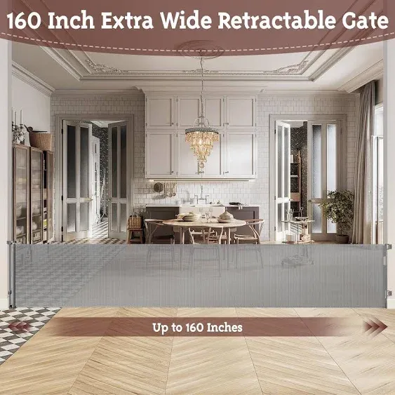 160 Inch Retractable Baby Gates for Extra Wide Openings Retractable Dog Gate Indoor Outdoor Retractable Gate Extra Long Baby Gate Extra Large Dog Gate for Doorways, Porches Garage Gate Deck Gate, Gray