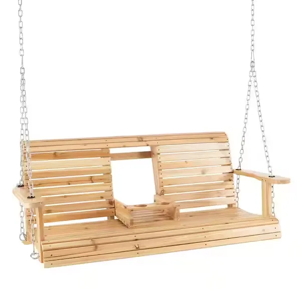 Costway 2-seat Wood Swing Bench with Folding Cup Holder and Sturdy Metal Hanging Chains NP10717