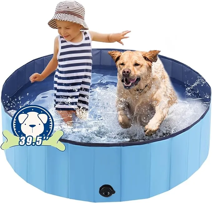 Foldable Dog Bath Swimming Pool Plastic Kiddie Pool Professional Tub Collapsible Grooming Bathtub for Pets Kids Baby and Toddler, 39.5 x 12 Inches Blue