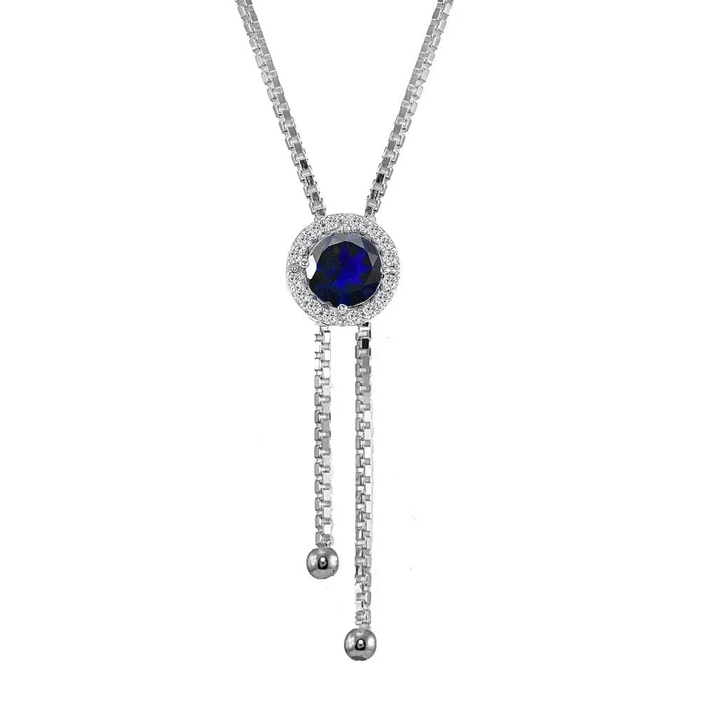 Round Halo Created Blue Sapphire &amp; White Topaz Lariat Necklace in 925 Silver